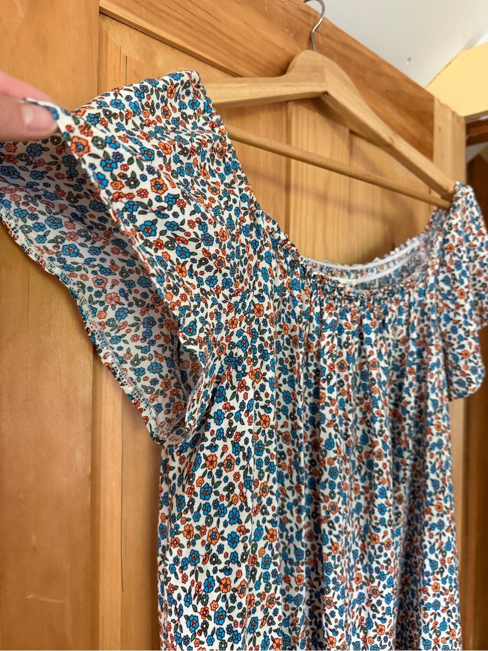 Floral Border Off-Shoulder Women's Dress in White and Teal - Picture 4 of 5